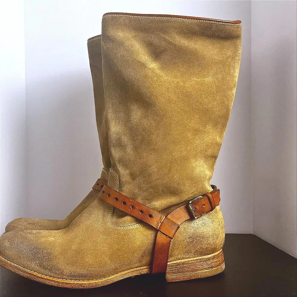 NDC Women's Brown Hand Made Suede Riding Boots with Leather Straps - Size‎ 6.5